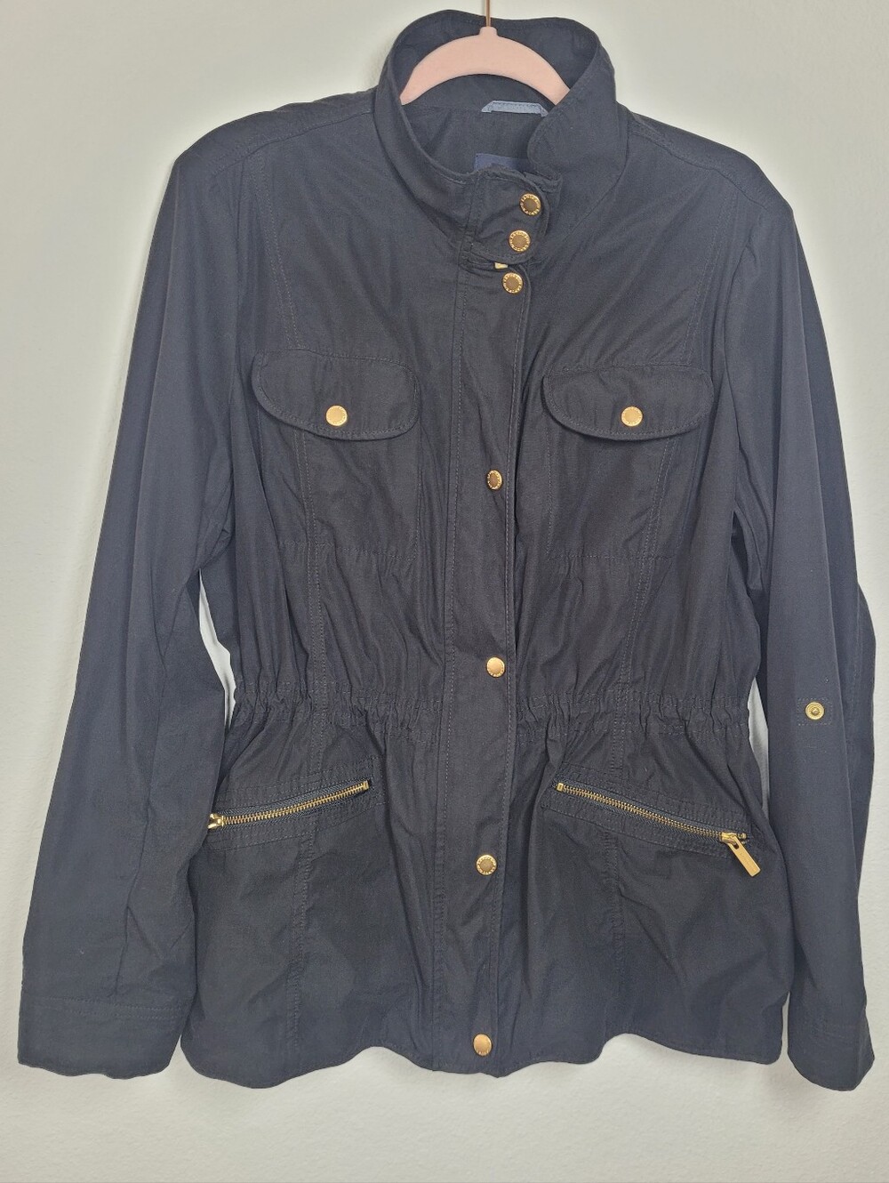 Lands End Women XL 18 Black Anorak Utility Field Jacket Cinch Waist Gold Accent